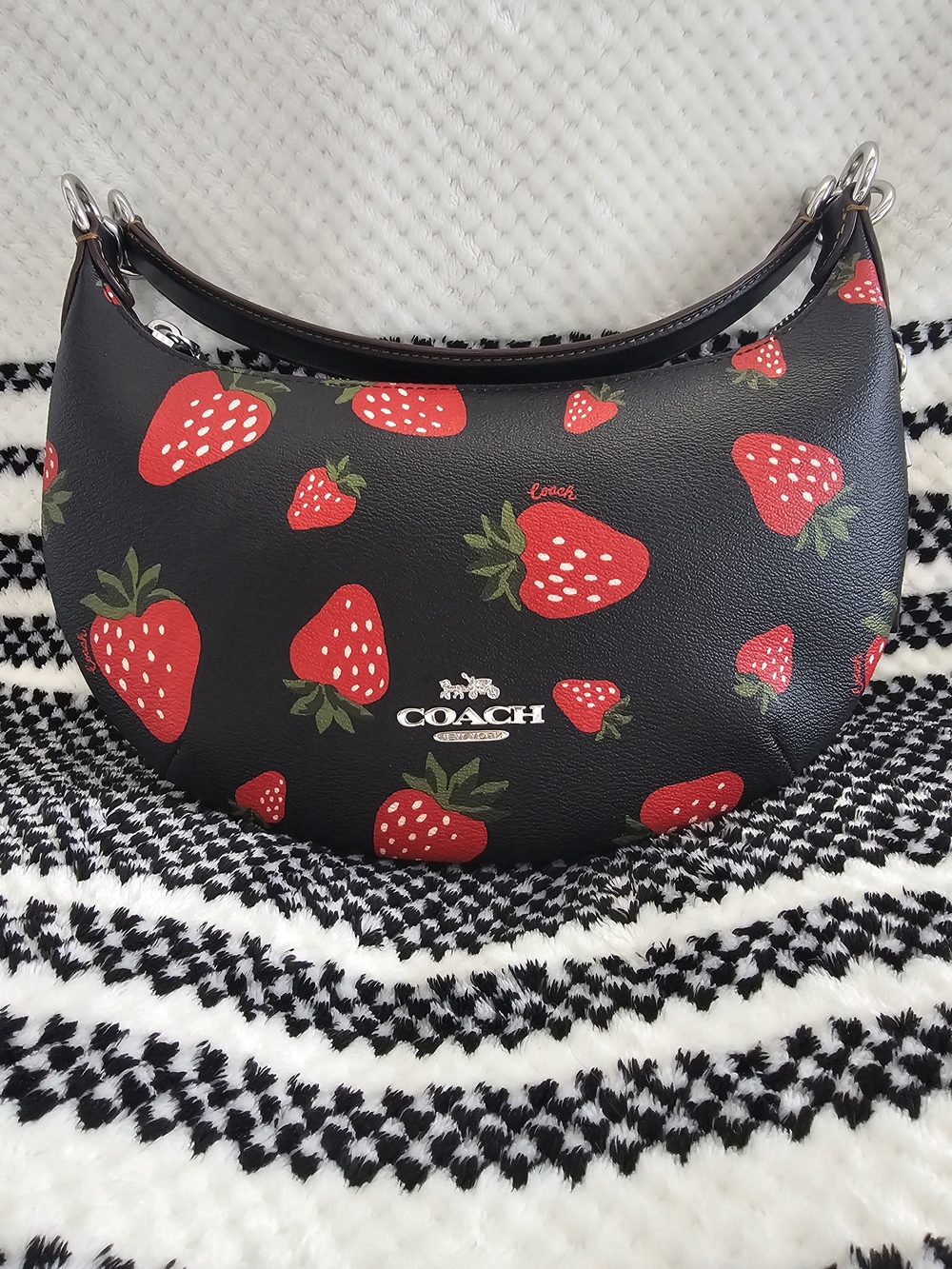 Coach Black Leather Shoulder Bag with Red Strawberry Print